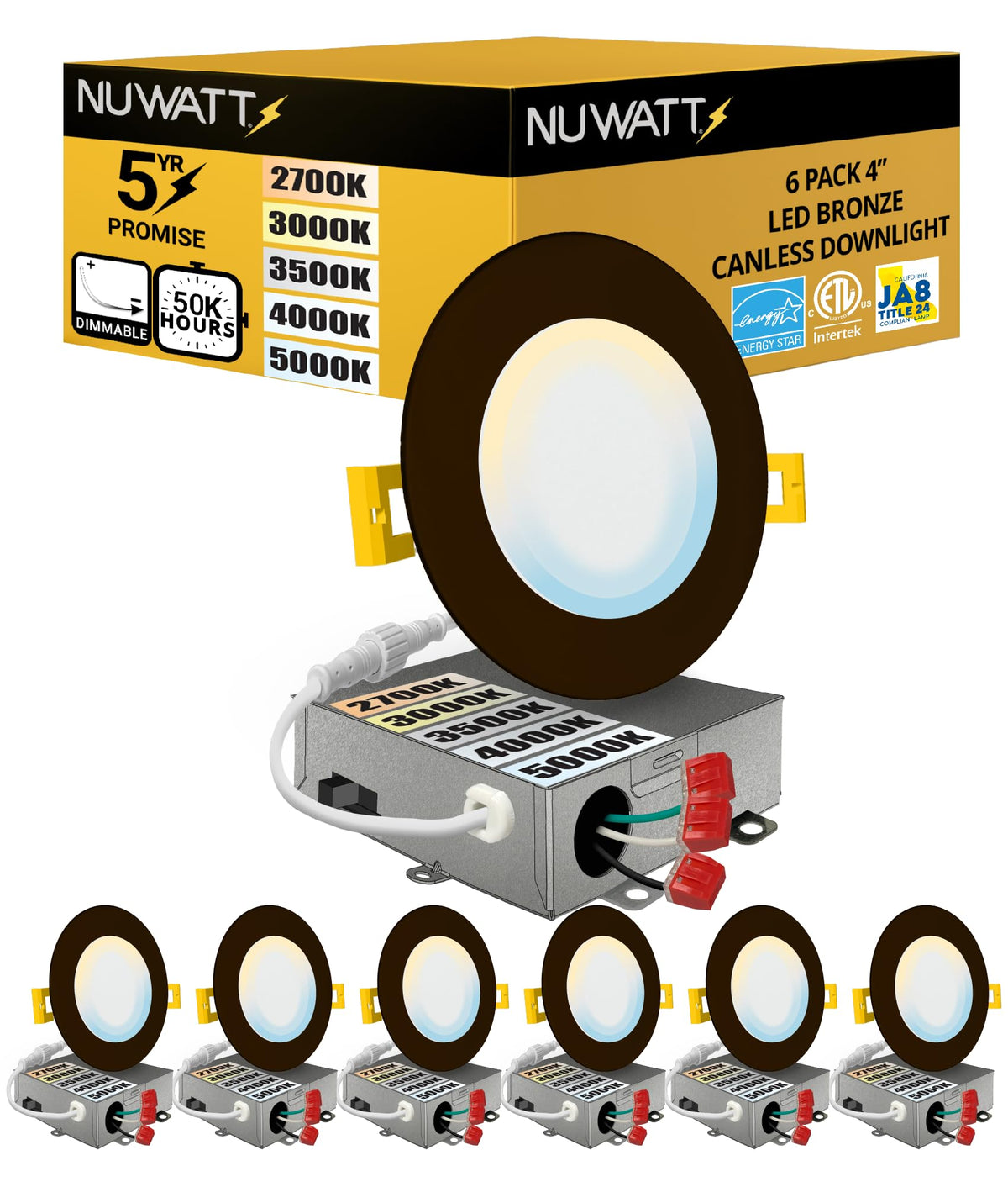 NUWATT six-pack 4-inch bronze downlight on ceiling, compact and versatile.