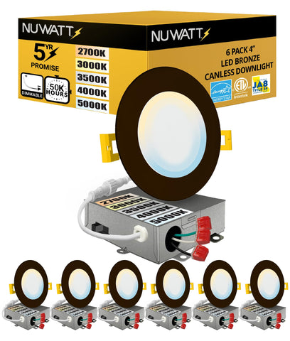 NUWATT six-pack 4-inch bronze downlight on ceiling, compact and versatile.