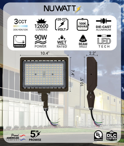 NUWATT 3CCT selectable flood light assists warm to cool ambiance for entrances.