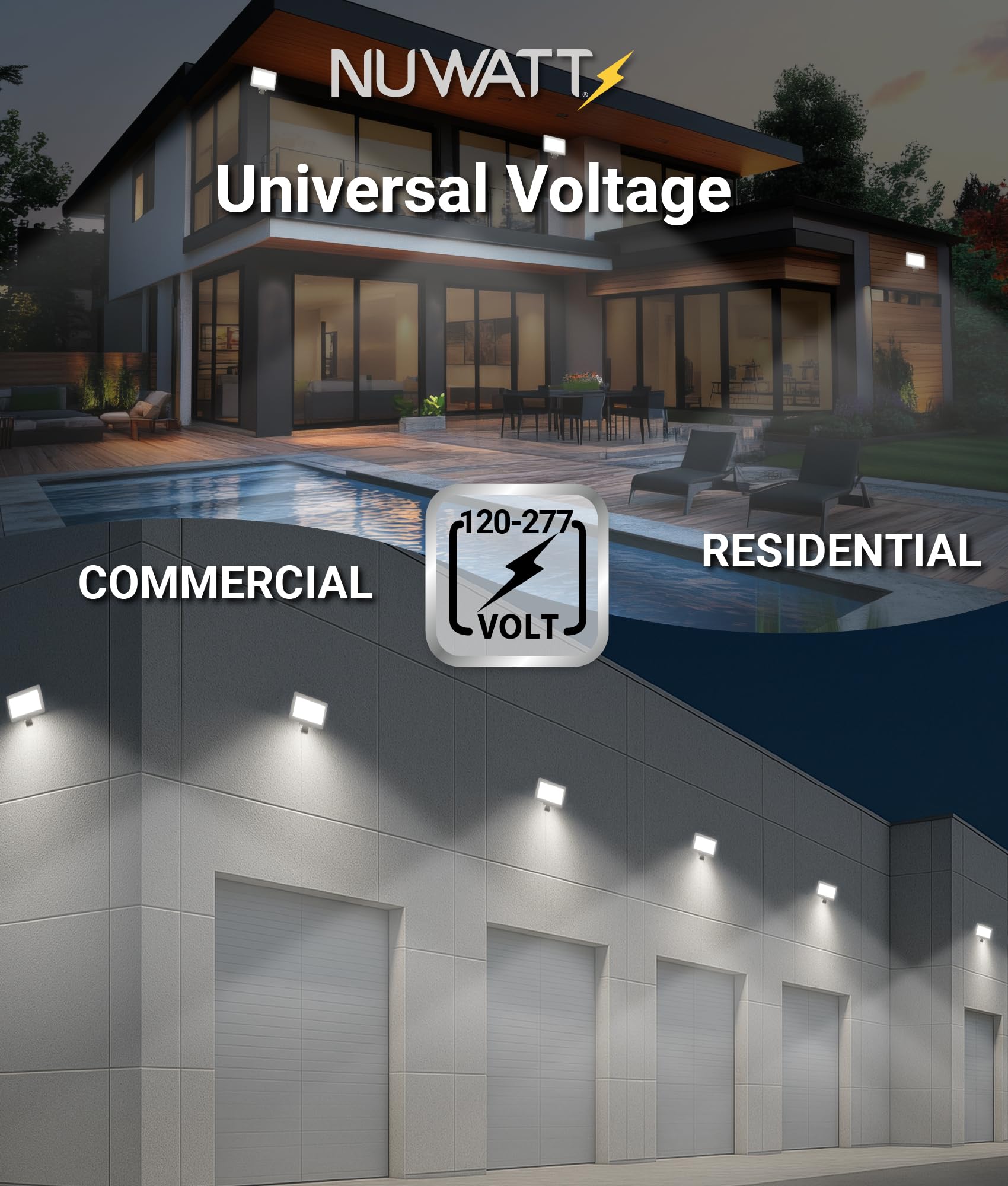 NUWATT 90W flood light supports 0-10V dimming for flexible brightness.