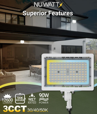 NUWATT 90W flood light IP65 rating for reliable exposure to wet weather.
