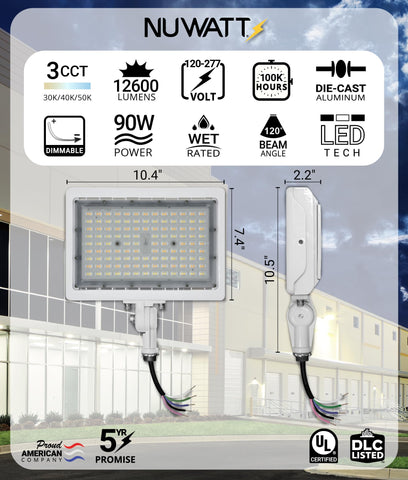 NUWATT 90W flood light with knuckle mount enabling precise aiming for outdoor spaces.