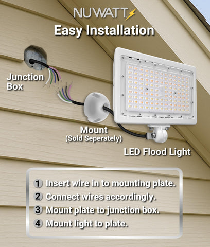 NUWATT 90W flood light installed outdoors for security and landscape lighting.