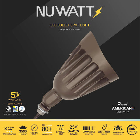 NuWatt bronze bullet spotlight knuckle mount enables directional aiming
