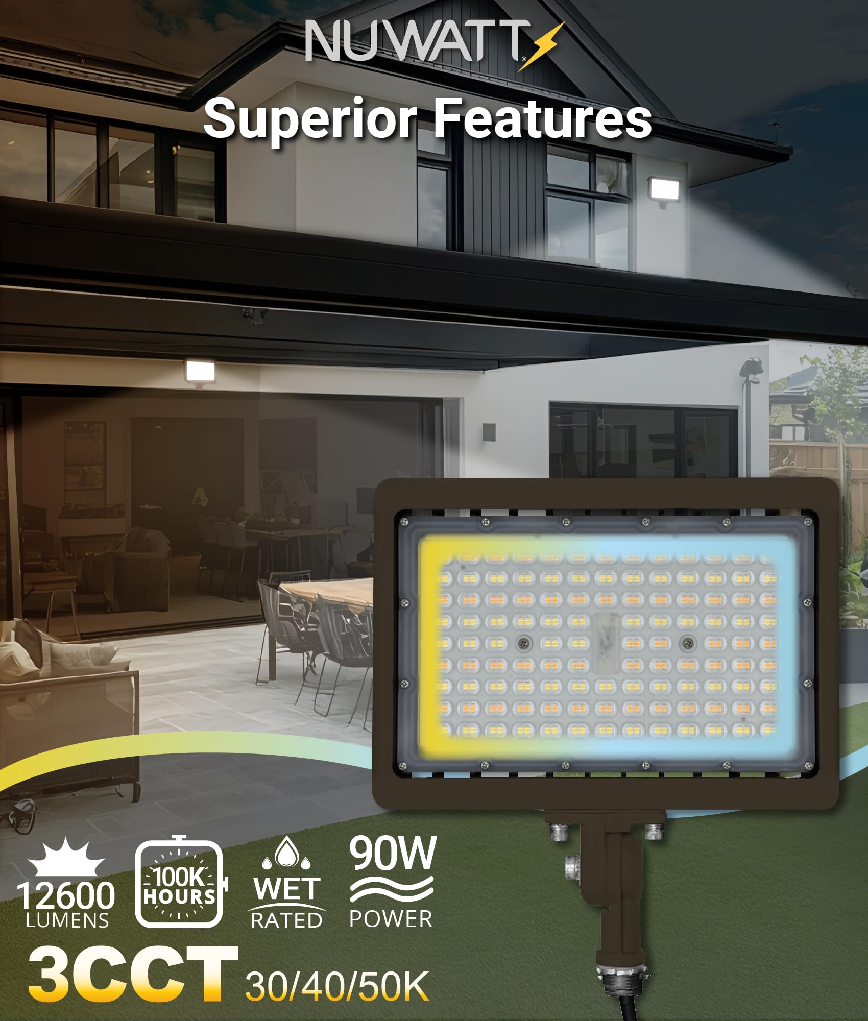 NUWATT bronze exterior flood light enhances driveways, yards, and building facades.