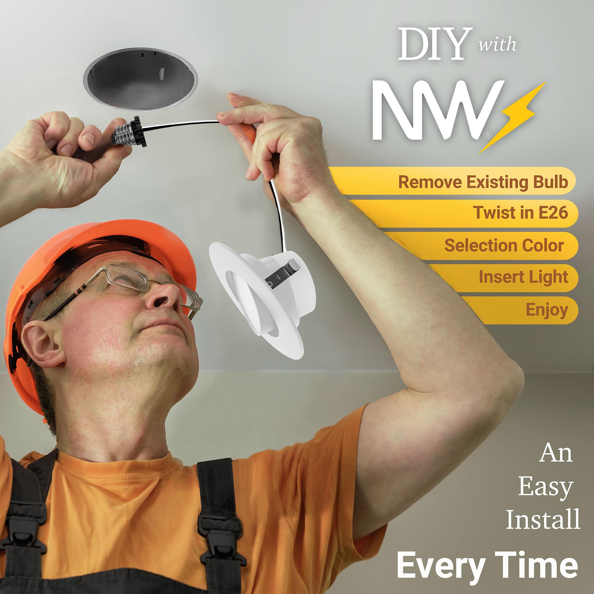 NUWATT 4-inch recessed can installed flush in ceiling.