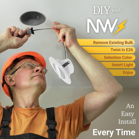 NUWATT 4-inch recessed can installed flush in ceiling.