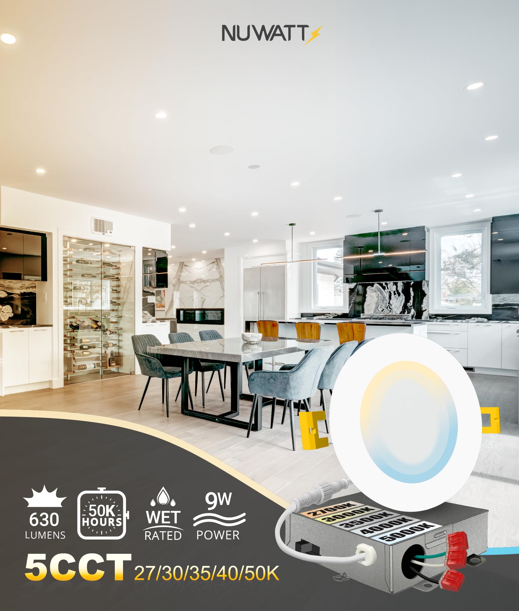 NUWATT dimmable recessed light offers precise brightness control.