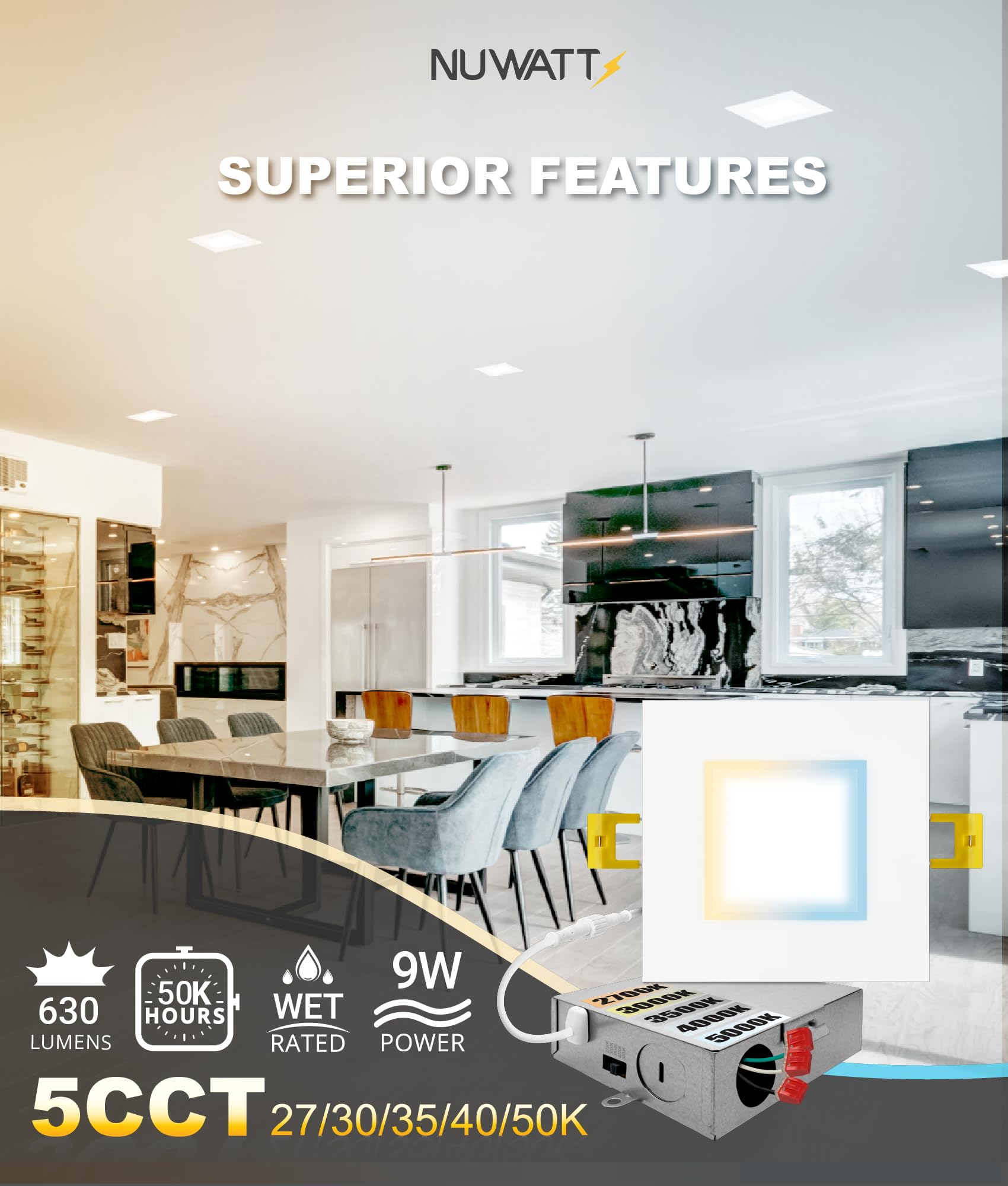 NUWATT dimmable 630 lm square downlight for customizable brightness