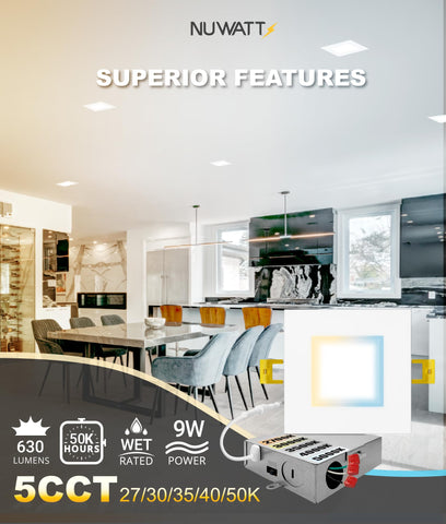 NUWATT dimmable 630 lm square downlight for customizable brightness