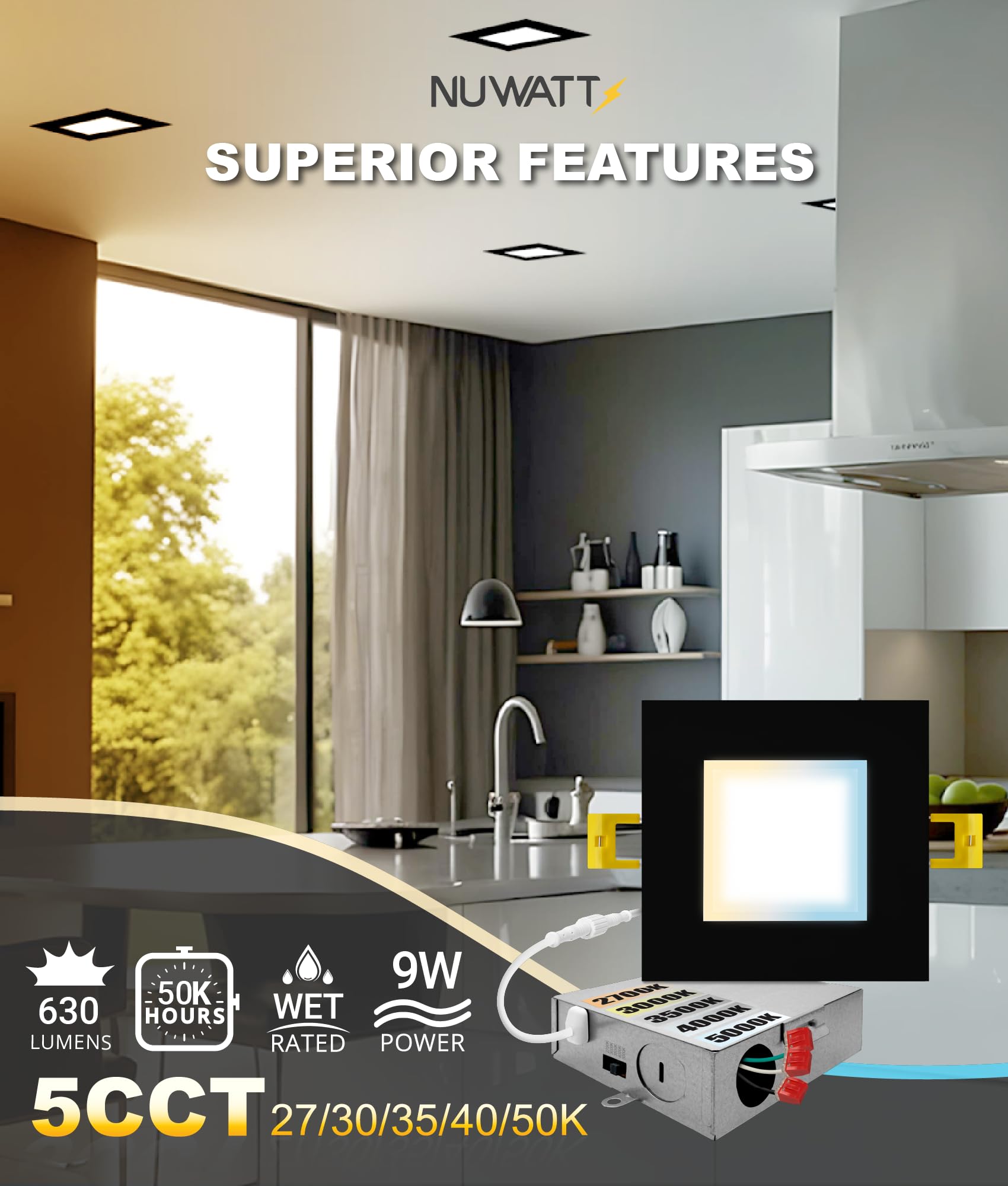 NUWATT dimmable 630-lumen downlight with smooth brightness control.