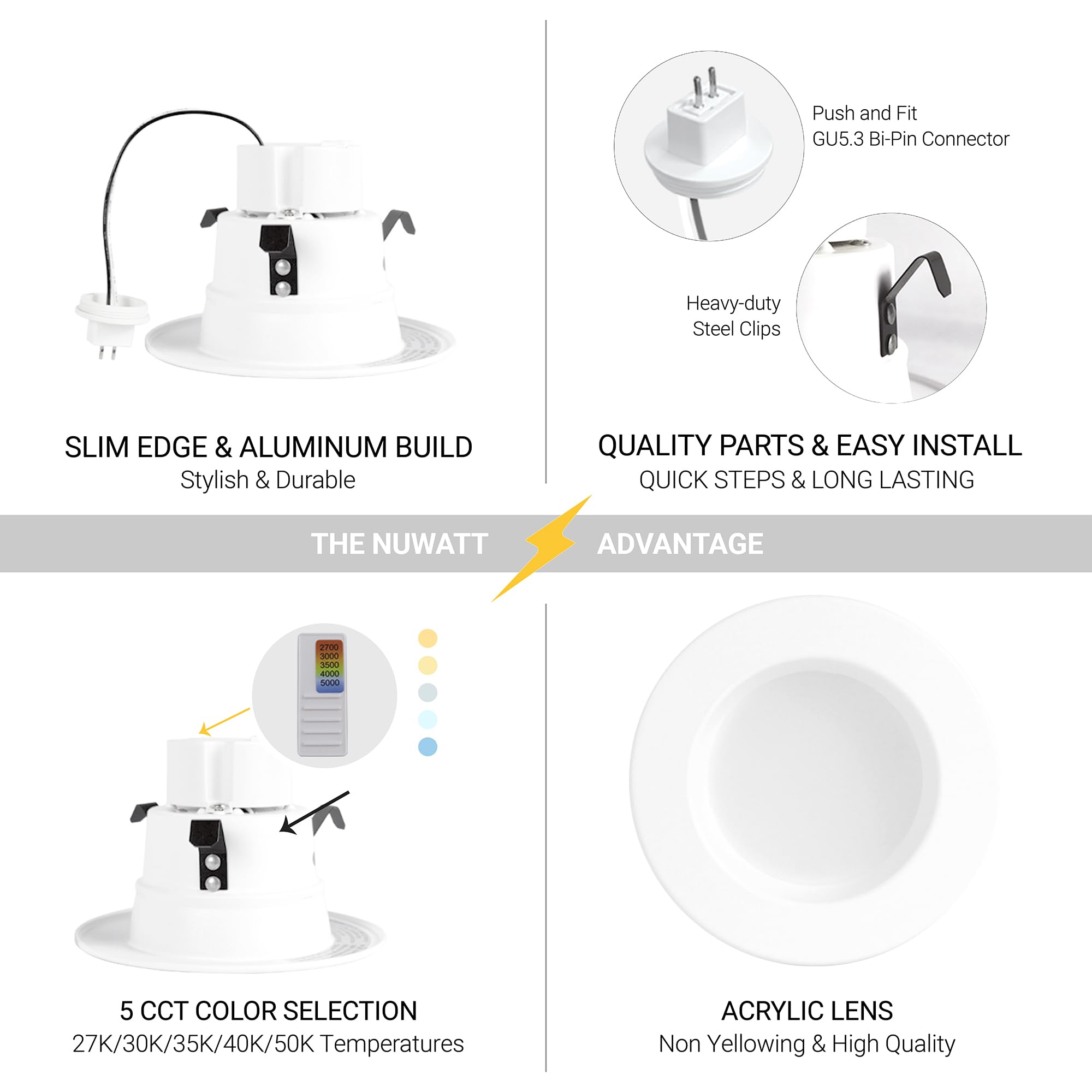 NUWATT dimmable LED downlight offers smooth brightness control for any mood.