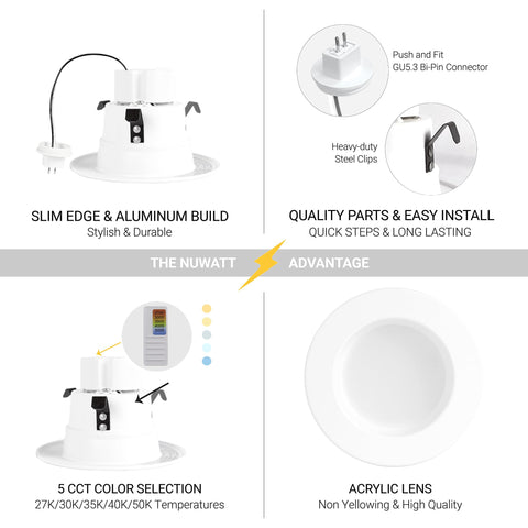 NUWATT dimmable LED downlight offers smooth brightness control for any mood.