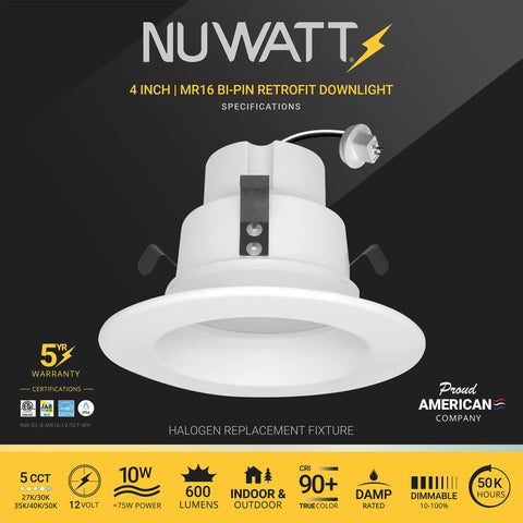 NUWATT GU5.3 base enables easy retrofit on 12V systems with reliable connections.