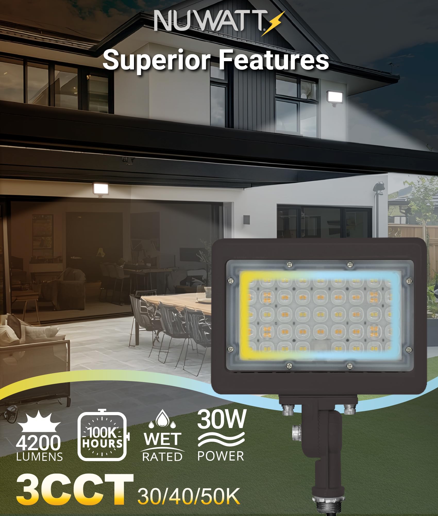 NUWATT flood light lights parking lots and pathways for safer night access