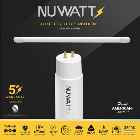 NUWATT plug-and-play or ballast-bypass versatility for easy installation.