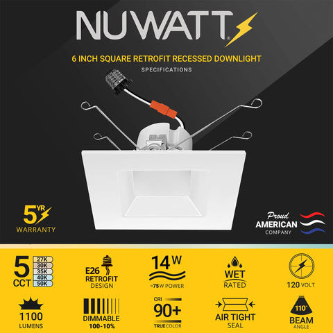 NUWATT 5CCT square LED highlights flexible color temperature for any room.