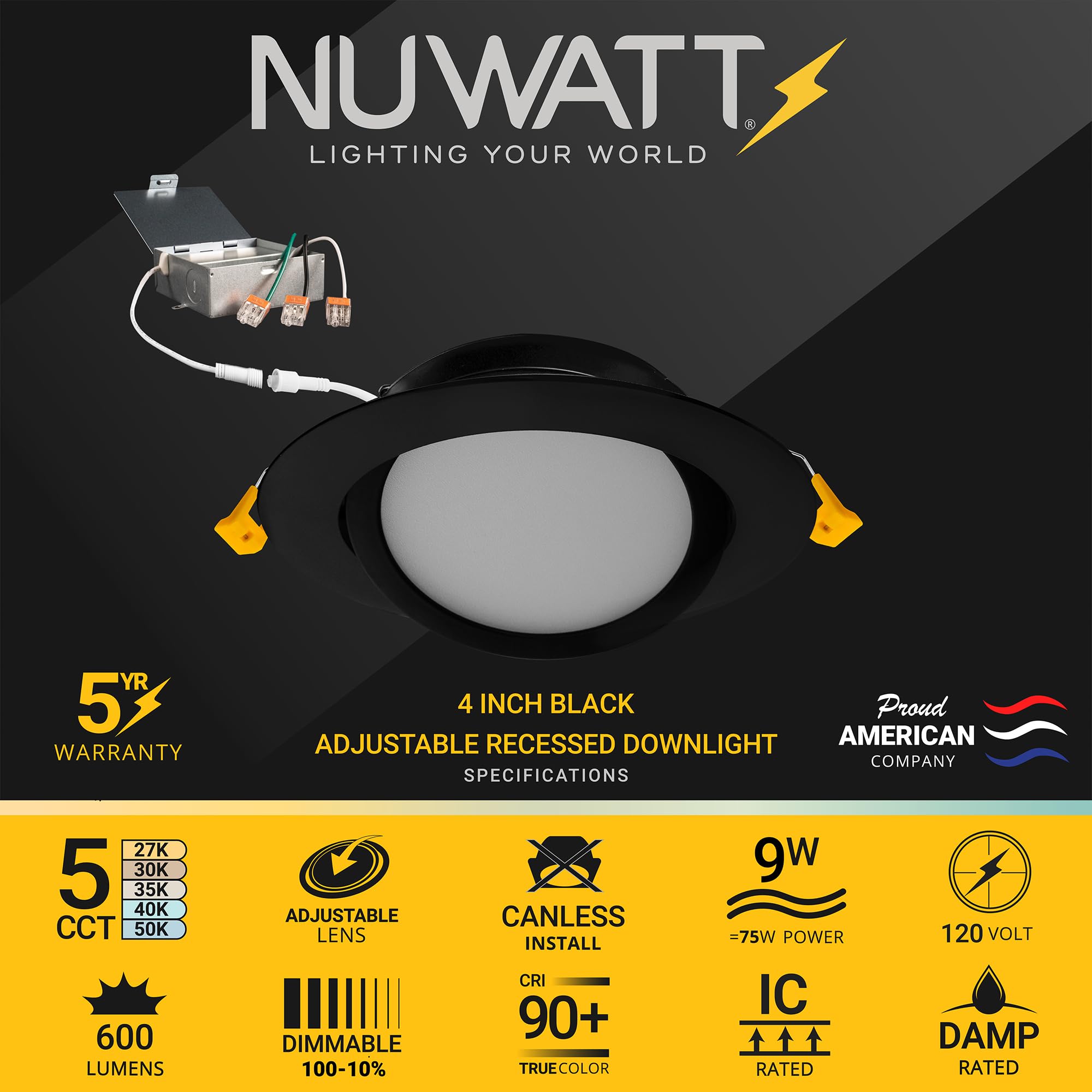 NUWATT gimbal with 30-degree tilt lens for adjustable beam