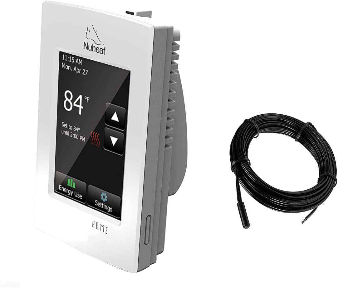 NuHeat Home thermostat installation image highlights safe DIY or professional wiring.