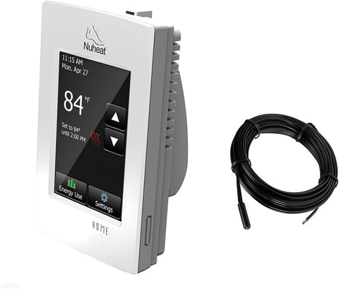 NuHeat Home thermostat installation image highlights safe DIY or professional wiring.