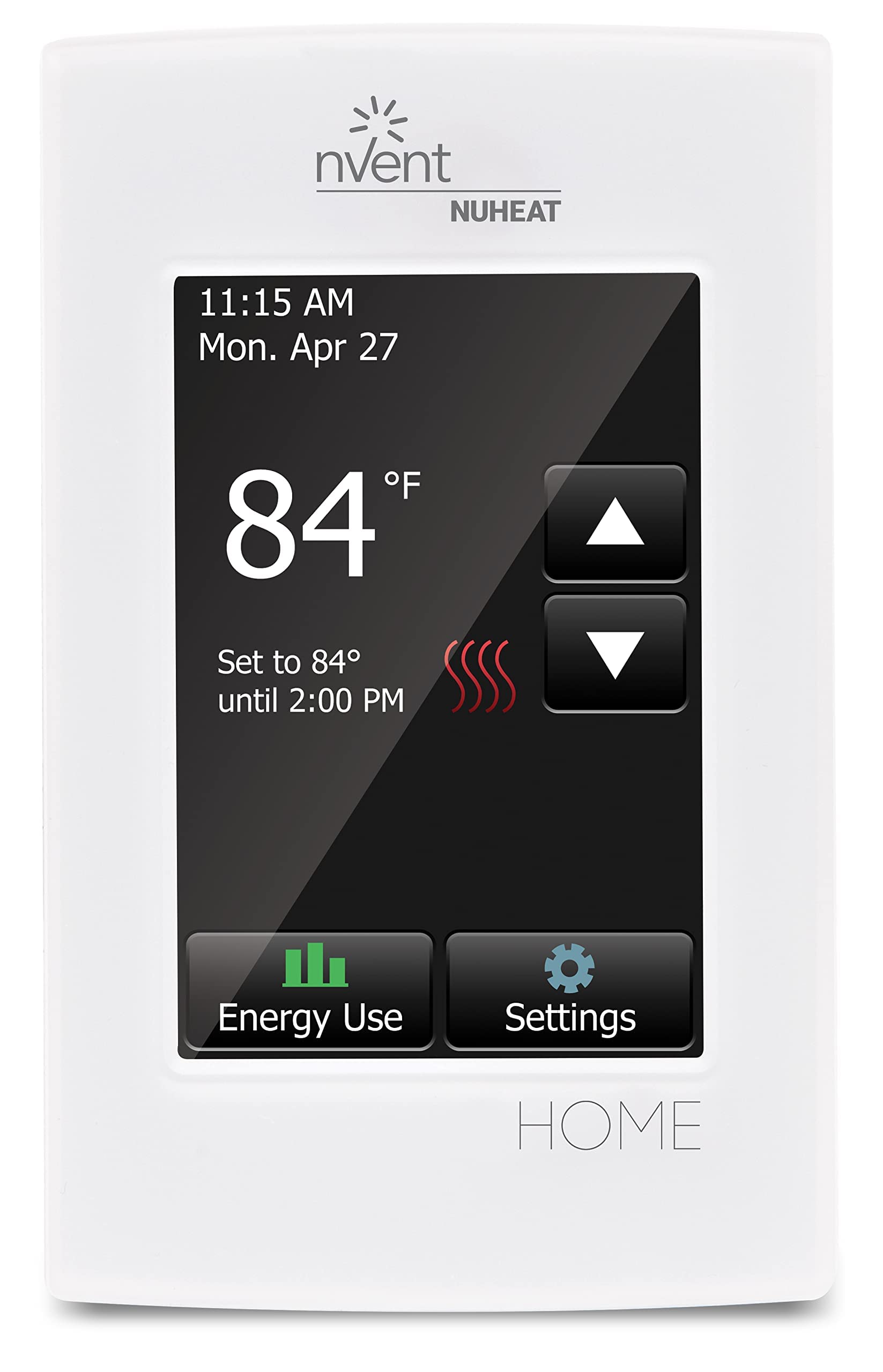 NuHeat Home thermostat touchscreen front panel enables intuitive control and quick setup.