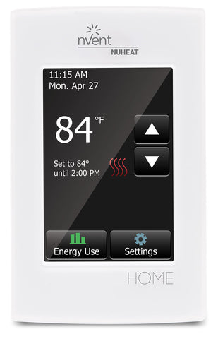 NuHeat Home thermostat touchscreen front panel enables intuitive control and quick setup.