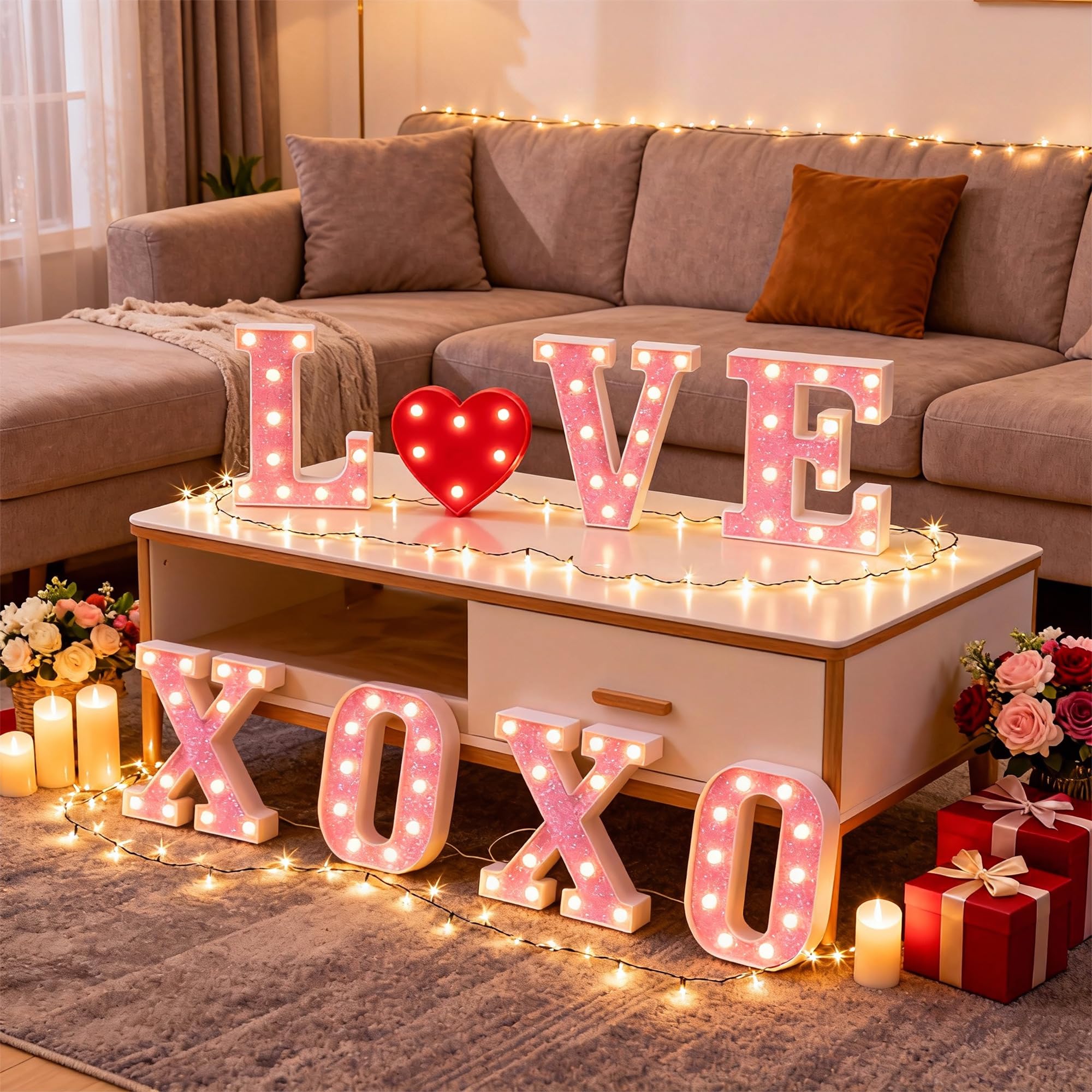 Close-up of pink glitter heart accent for festive Valentines decor