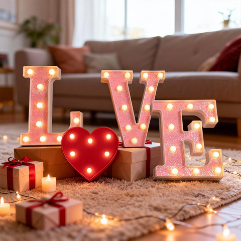 Wedding decor inspiration with pink LOVE letters on reception tables