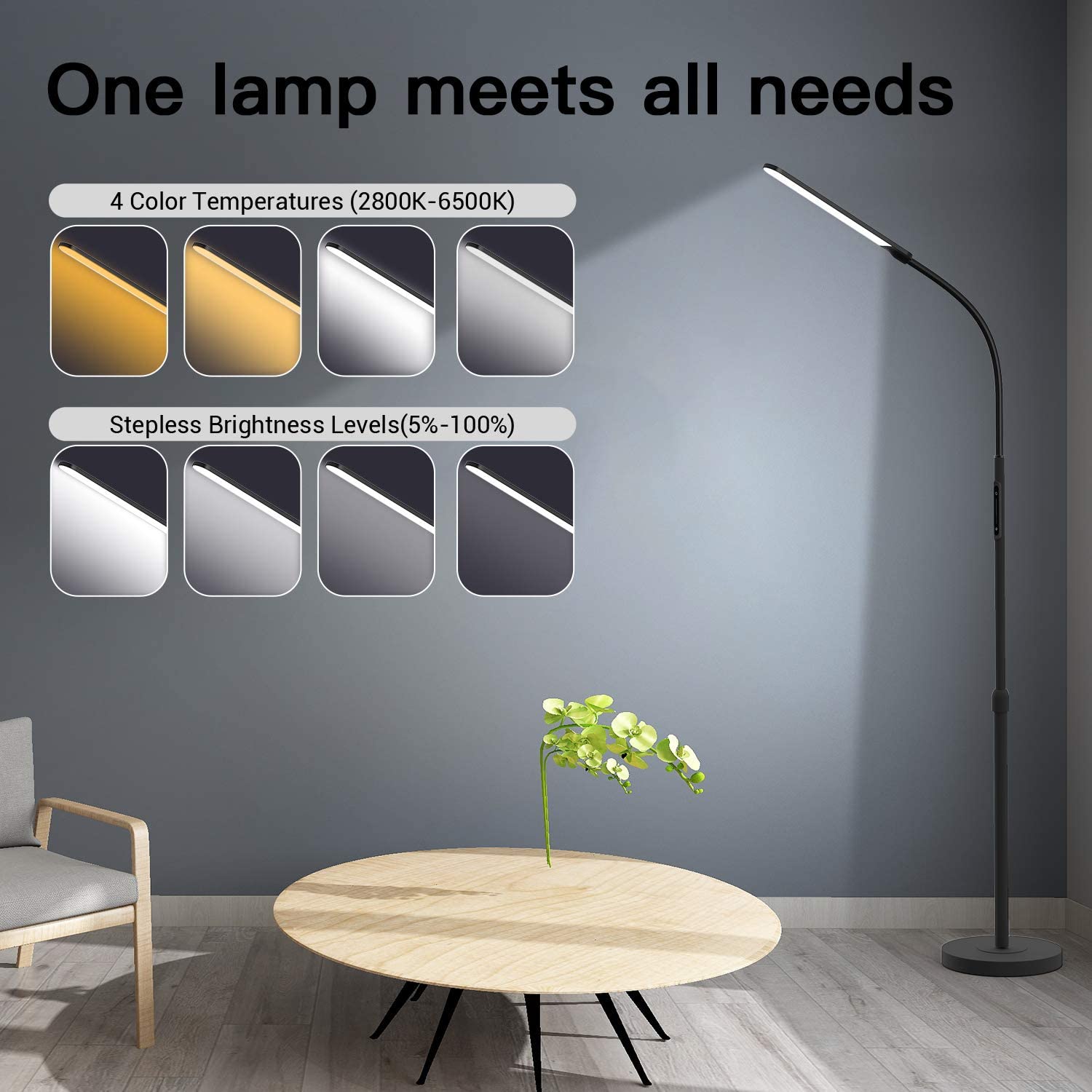 NXONE LED Floor Lamp in bedroom provides focused reading light and relaxed atmosphere.