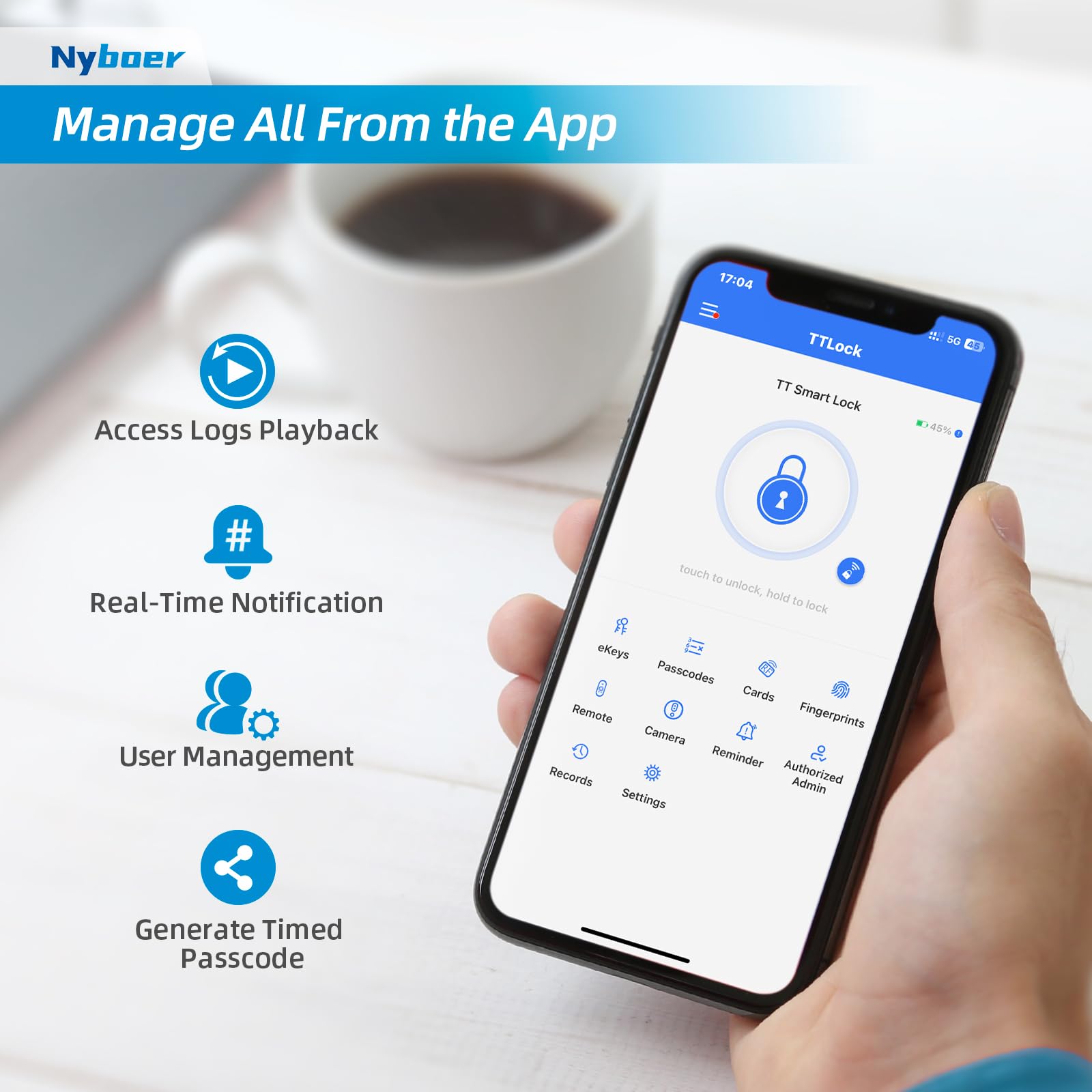 Nyboer app control via WiFi for remote access and history.