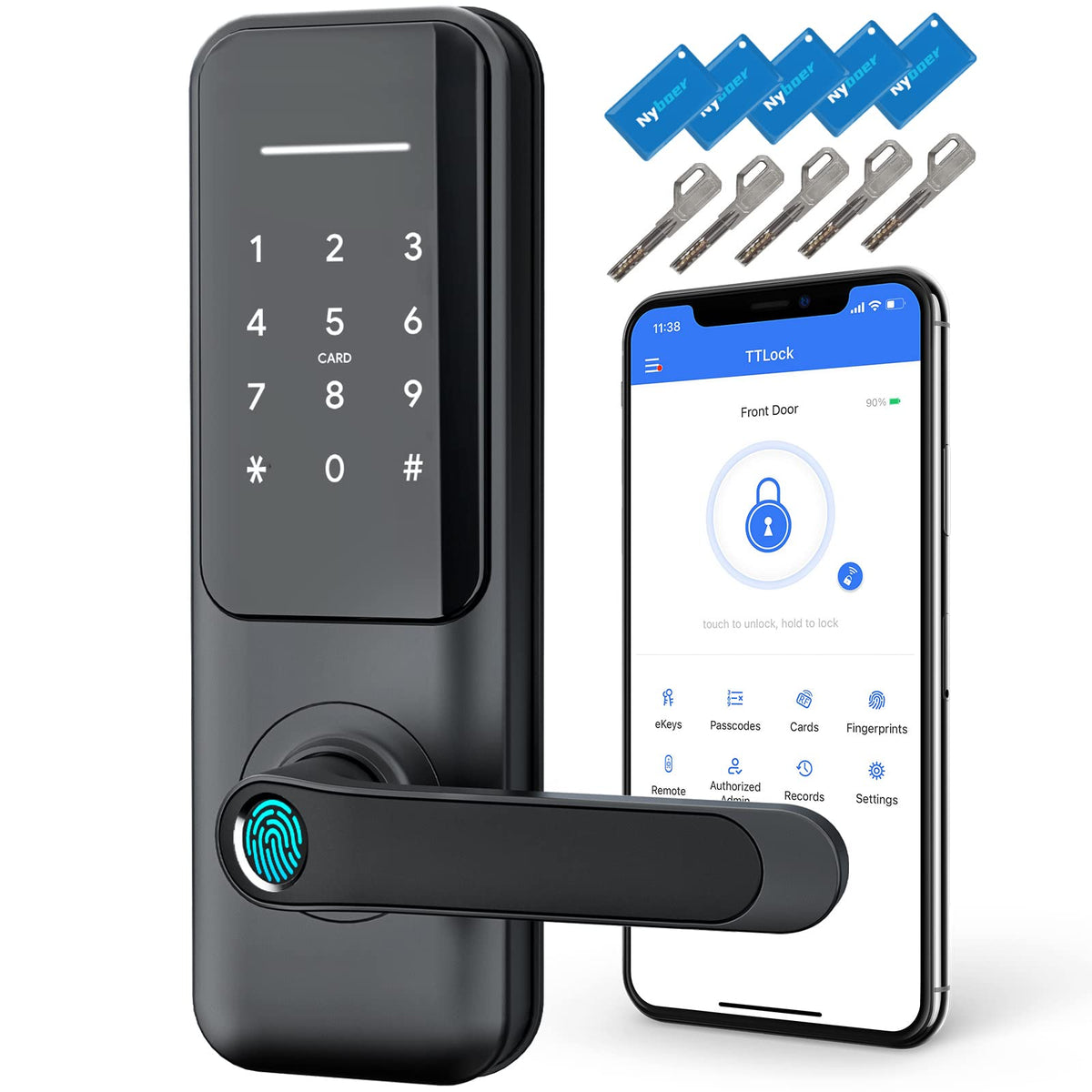 Nyboer fingerprint lock with handle on a front door for quick, secure entry.