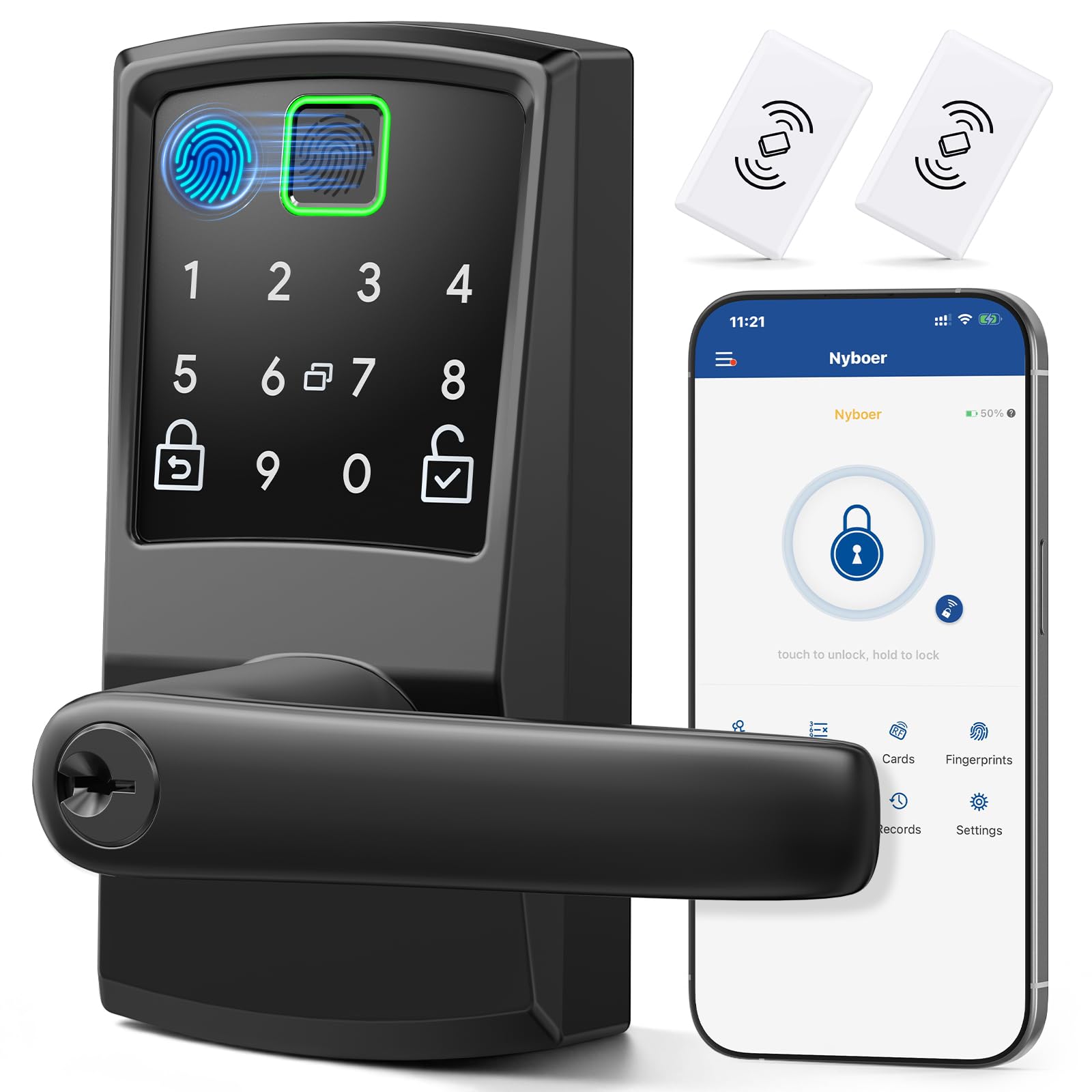 Nyboer keypad smart door lock with handle front view, secure entry in matte black