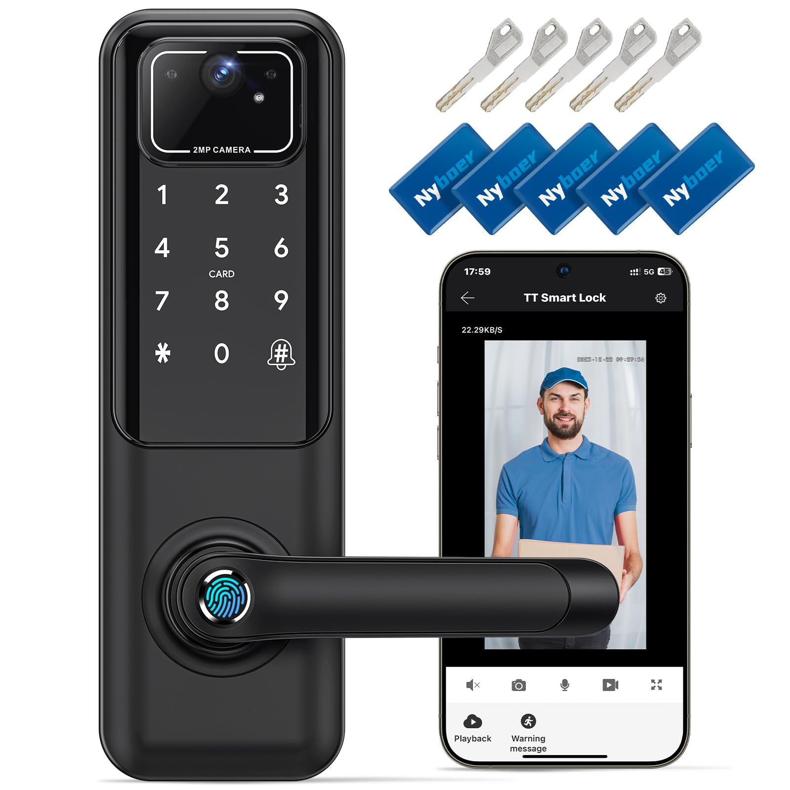 Nyboer WiFi Video Lock with camera view for real-time visitor checks.
