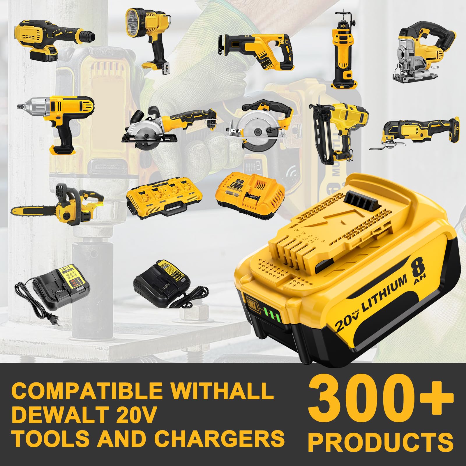 Nyveyoo battery showing compatibility with Dewalt DCB-series chargers