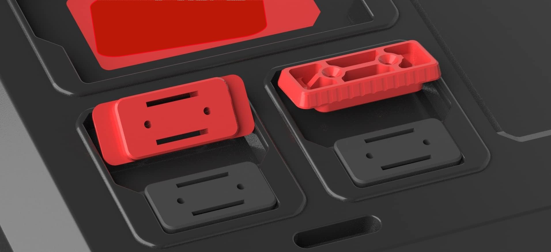 NyVoozy red feet mounting system Packout highlights tidy battery storage