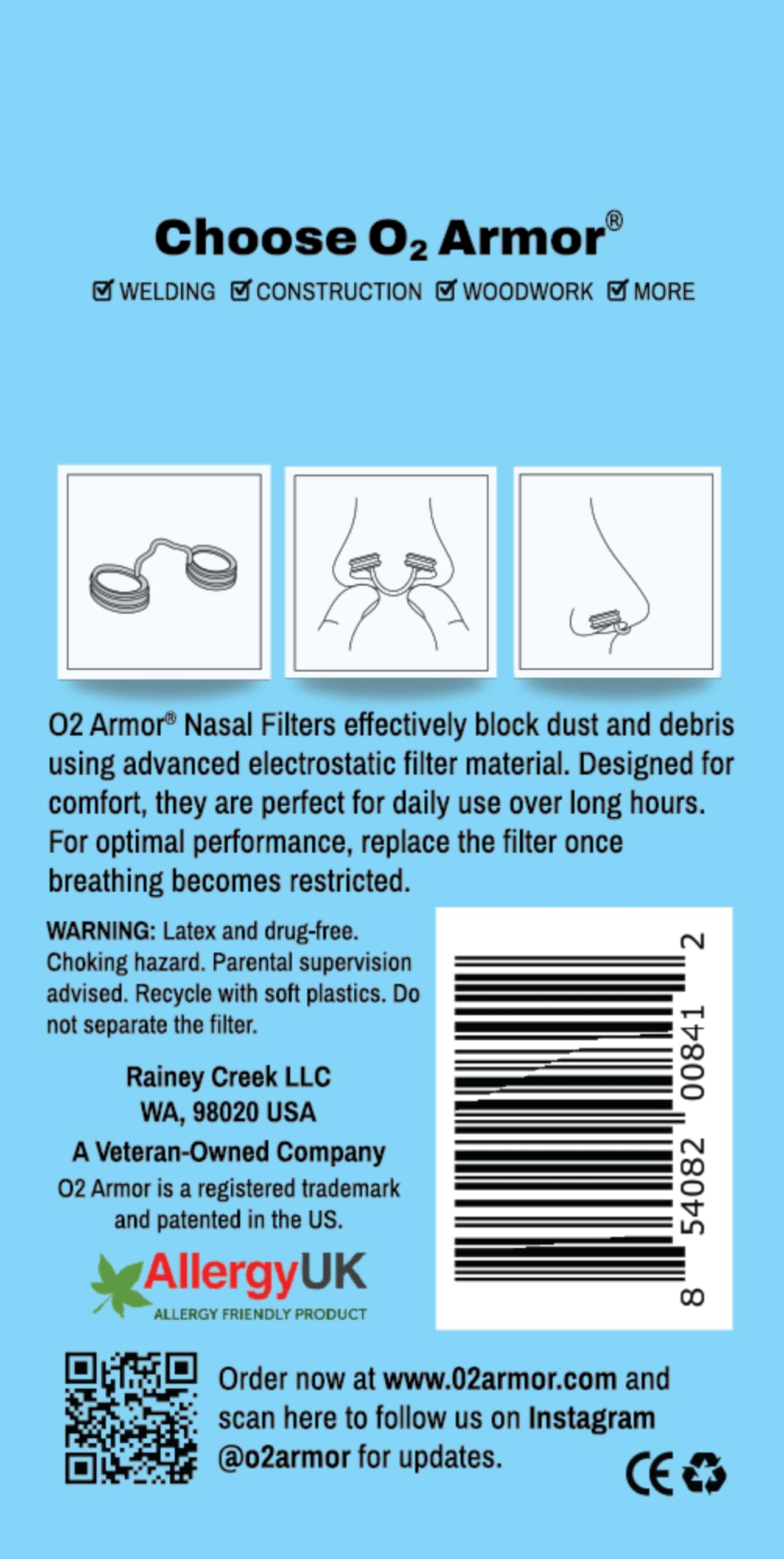 O2 Armor nose filter packaging for allergen dust handling