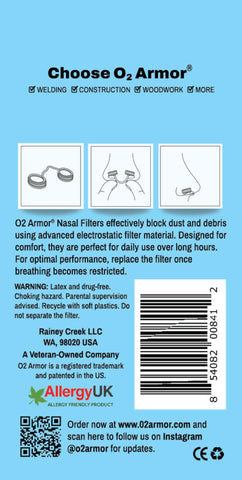 O2 Armor nose filter packaging for allergen dust handling