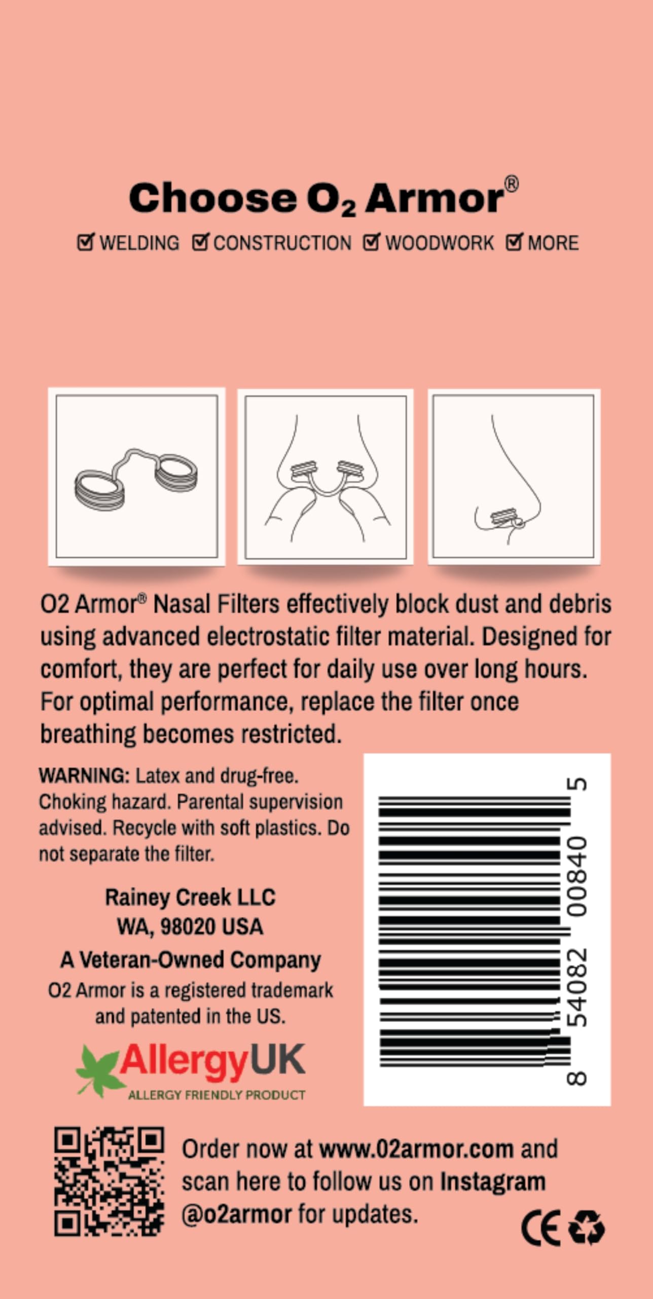 O2 Armor nasal filter blocks dust, smoke, and pollen during indoor projects