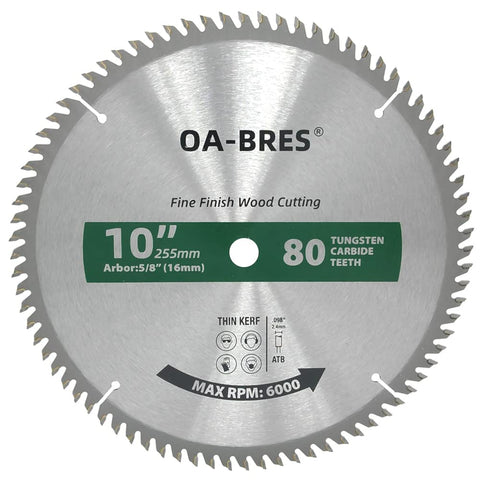 OA-BRES 10-inch 80T ATB blade for smooth, precise finish cuts in wood and plywood.