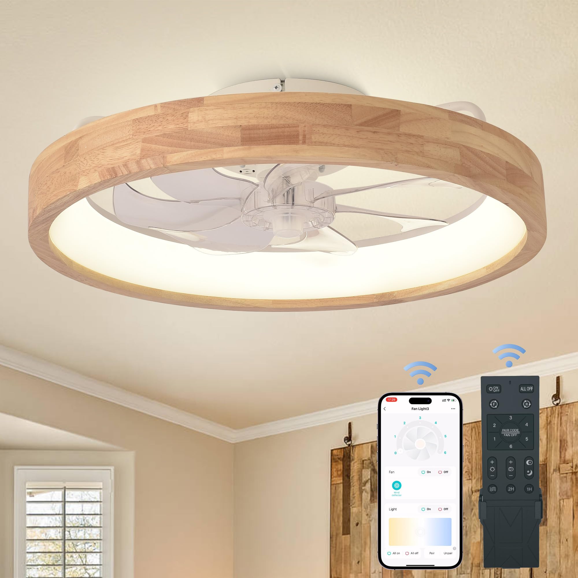 Oaks Aura 20-inch ceiling fan with light in a sleek modern bedroom setting.
