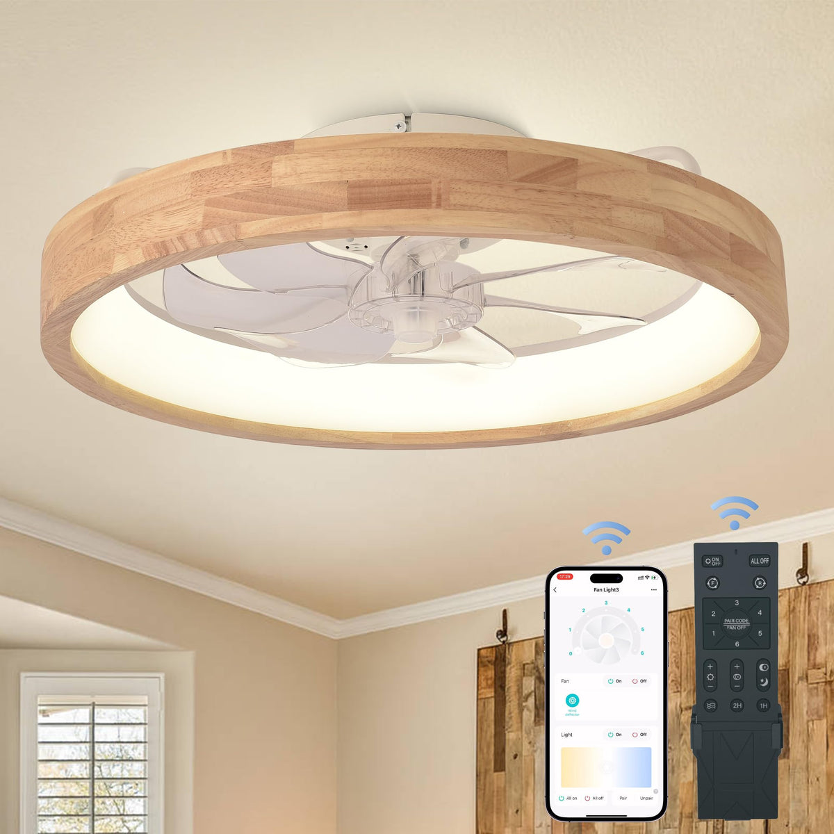 Oaks Aura 20-inch ceiling fan with light in a sleek modern bedroom setting.