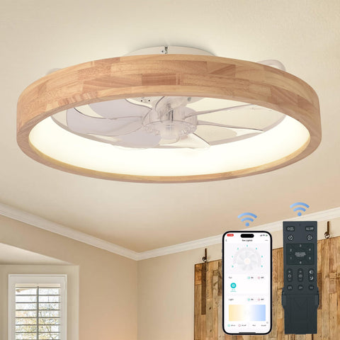 Oaks Aura 20-inch ceiling fan with light in a sleek modern bedroom setting.