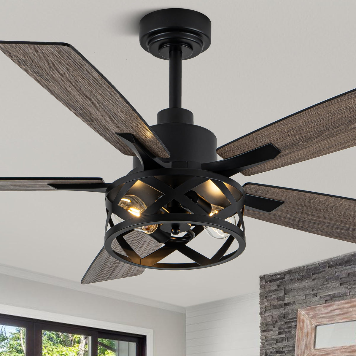 Oaks Aura 52-inch farmhouse fan front view shows rustic silhouette and size.