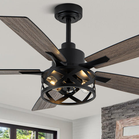 Oaks Aura 52-inch farmhouse fan front view shows rustic silhouette and size.