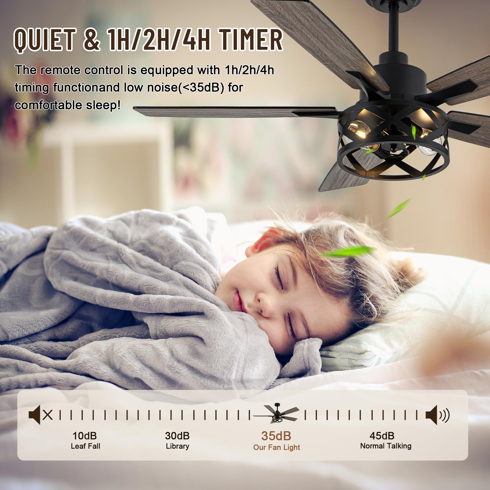 Oaks Aura quiet DC motor close-up emphasizes low-noise performance for living spaces.