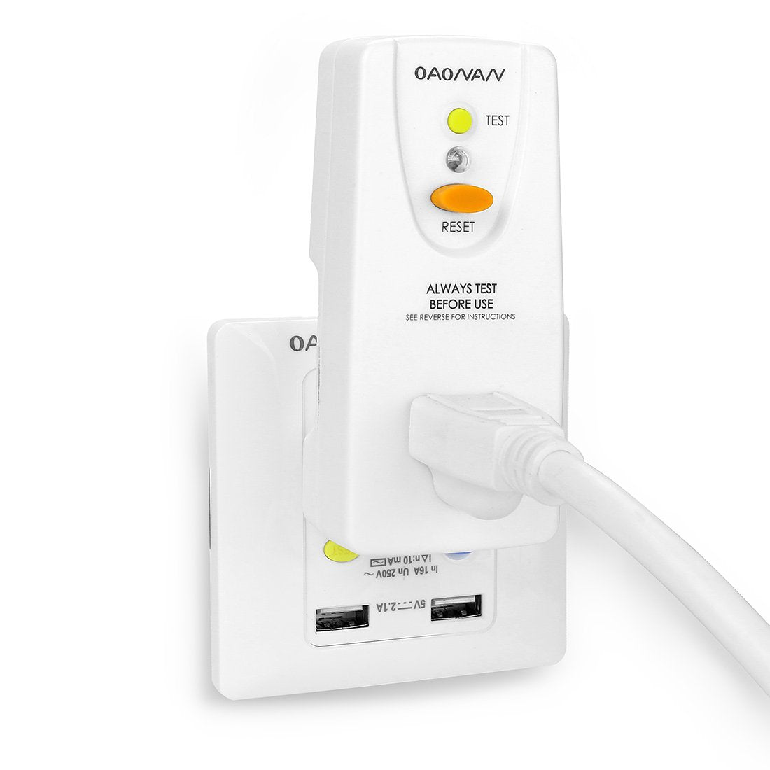 OAONAN GFCI adapter package contents with manual and warranty