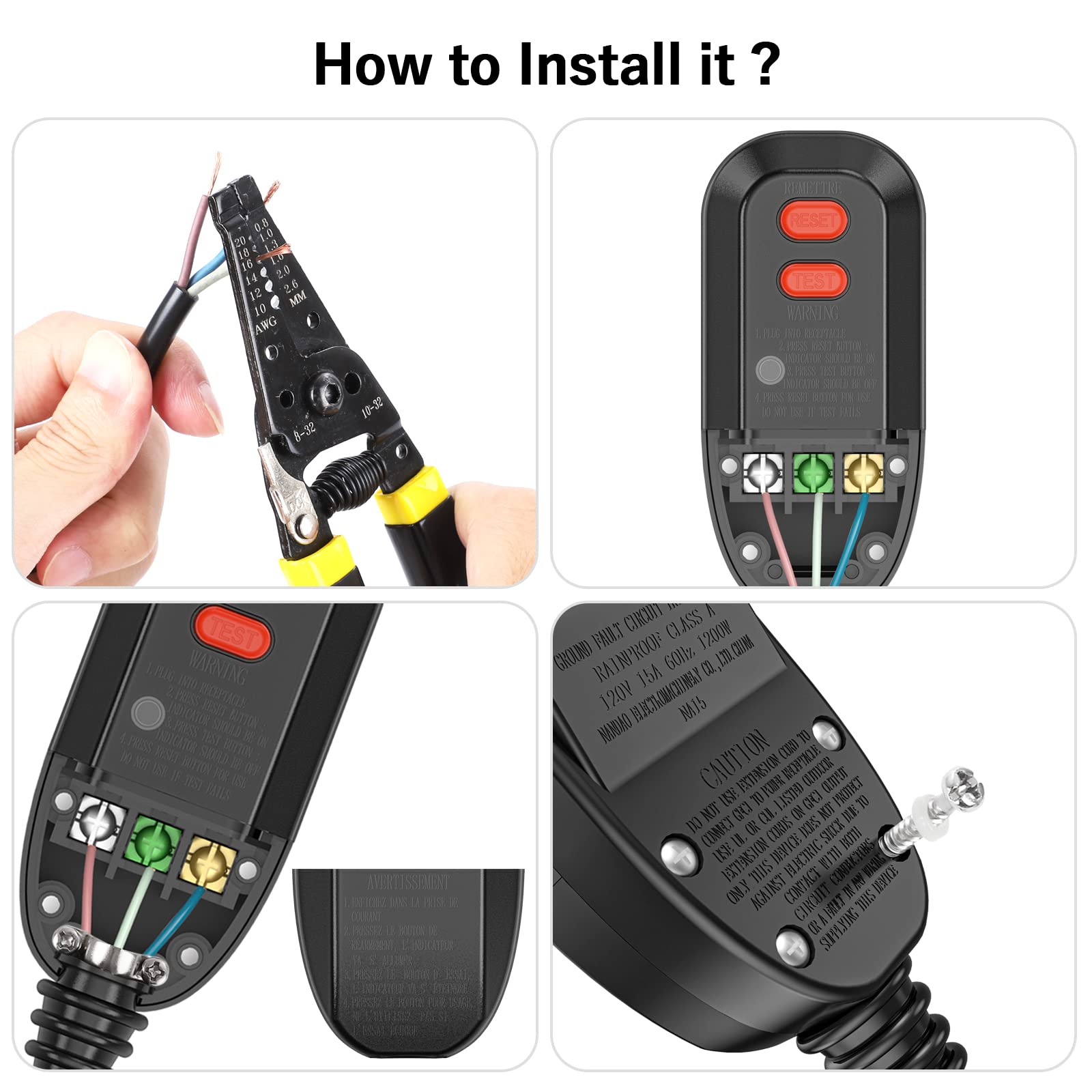 OAONAN GFCI replacement plug with wiring terminals demonstrates simple live, earth, neutral connections