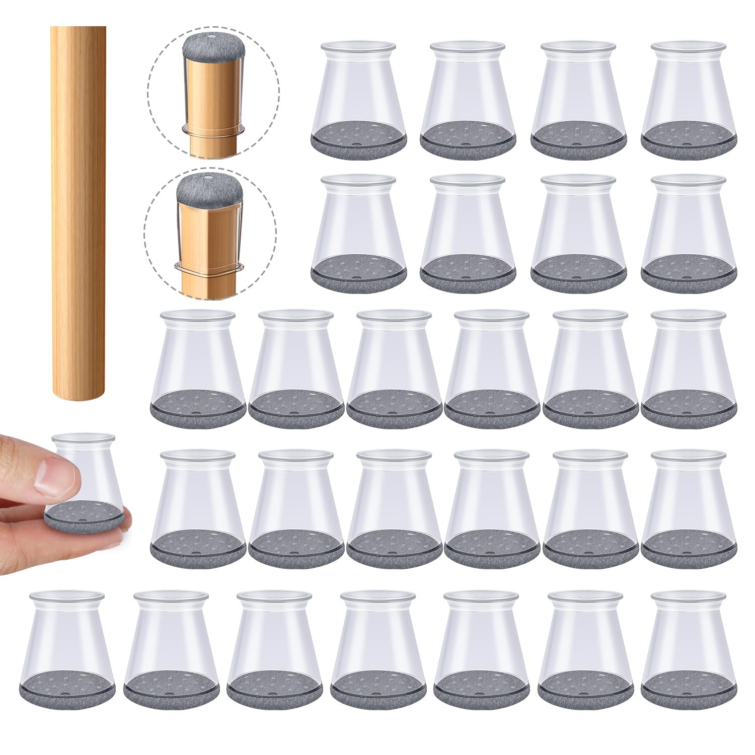 OASMU chair leg protectors fitted on round feet protect hardwood floors from scratches.