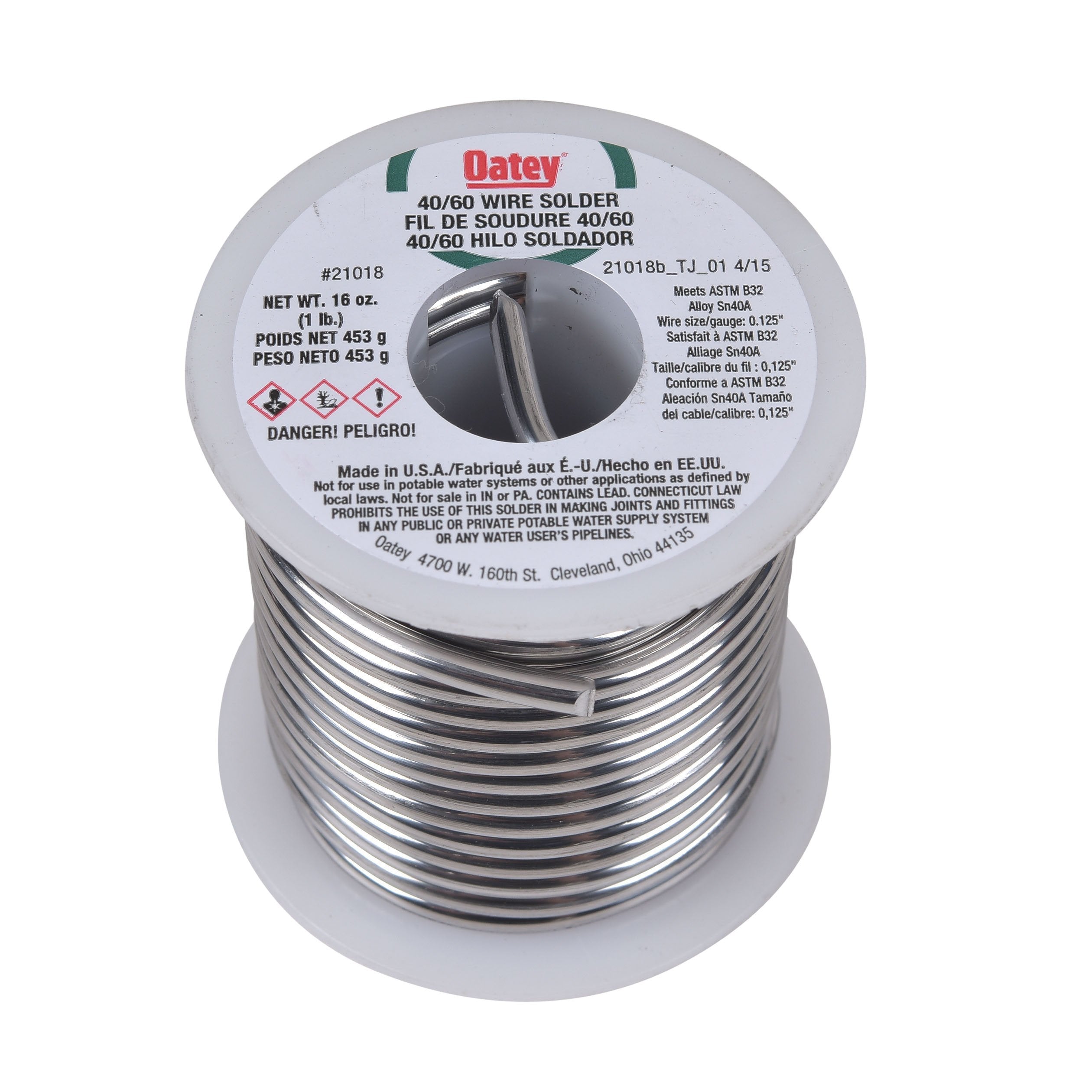 Oatey 21018 40-60 solder wire closeup showing even composition for reliable joints.
