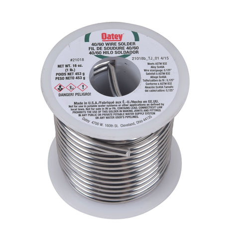 Oatey 21018 40-60 solder wire closeup showing even composition for reliable joints.